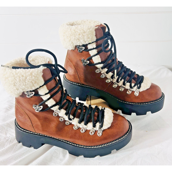 Steve Madden Cool Planet Platform Combat Boots Womens 7.5 Brown Sherpa Lug Sole - Picture 2 of 7